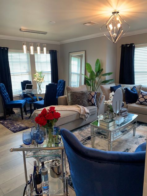 Living room decor. Blue and chrome. Blue and silver Grey Blue Silver Living Room, Royal Blue Decor Living Room, Navy Blue And Silver Home Decor, Gray White Silver Blue Living Room, Blue Black And Gray Living Room, Royal Blue And Silver Living Room Ideas, Blue And Silver Home Decor, Blue Silver Living Room Decor, Black Blue Living Room