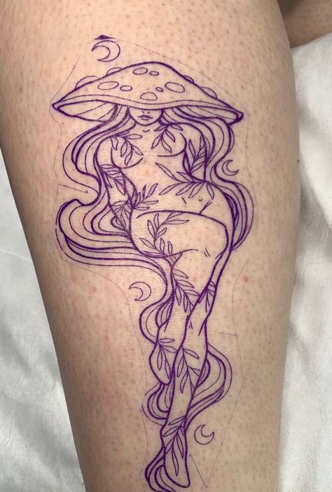 Flat Sheet Tattoos, Thick Fairy Tattoo, Fairy With Locs Tattoo, Line Work Leg Tattoos Women, Tattoo Design Drawings Thigh, Fairy Nature Tattoo, Goddess Body Tattoo, Mushroom Goddess Tattoo, Vertical Arm Tattoos For Women