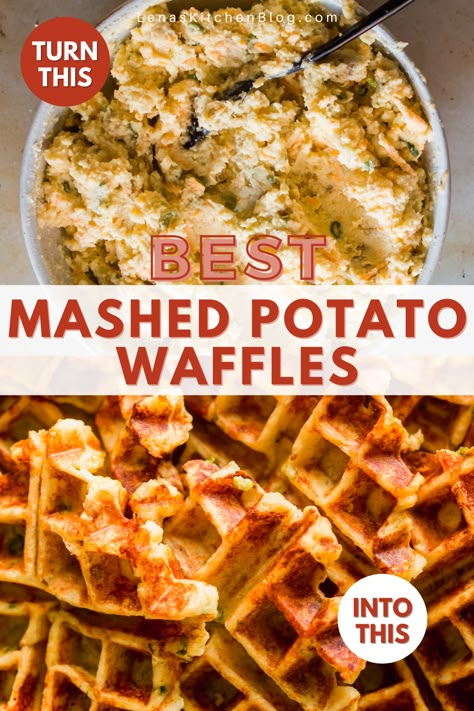 Mash Potato Waffles, Leftover Mashed Potato Recipes Waffle Iron, Mashed Potatoes In Waffle Maker, Potato Waffles Ideas, Mashed Potato Waffles Recipes, Steak And Waffles, Mashed Potato Waffles Leftover, Hashbrown Waffle Iron Recipes, Waffle Iron Recipes Dinner