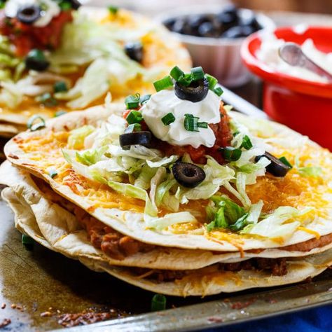 Stacked Tortilla Taco Pizzas - Spicy Southern Kitchen Taco Stacks, Sweet Taco, Tortilla Taco, Spicy Southern Kitchen, Taco Pie, Tortilla Pizza, Mexican Pizza, Taco Pizza, Bbq Chicken Pizza