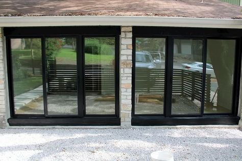 Triple Sliding Glass Doors Complete Garage Makeover | Pella of Austin Triple Sliding Patio Doors, Garage With Sliding Glass Doors, Garage Door Alternatives, Pella Doors, Cabin Basement, Exterior Patio Doors, Kids Garage, Double Garage Door, Glass Garage