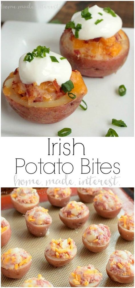 Mini Potato Skins, Irish Potato Bites, St Patrick's Day Appetizers, Superbowl Food Appetizers, St Patricks Food, St Patrick Day Snacks, Irish Desserts, Potato Appetizers, Irish Potato