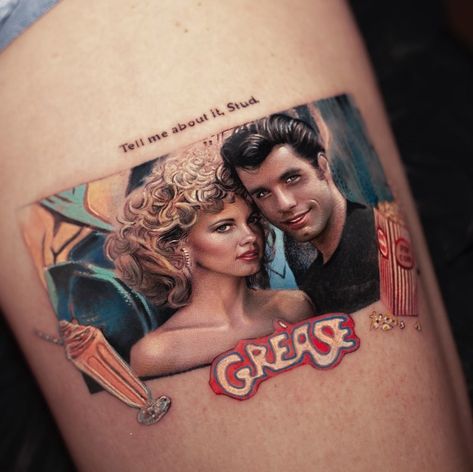 “Tell me about it Stud” Grease movie tribute tattoo by Inal Bersekov, a traveling artist. Tell Me About It Stud, Grease Movie, Tattoo Uk, Tribute Tattoos, Skull Sleeve Tattoos, Tattoo Cream, Movie Tattoo, Movie Tattoos, Healing Tattoo