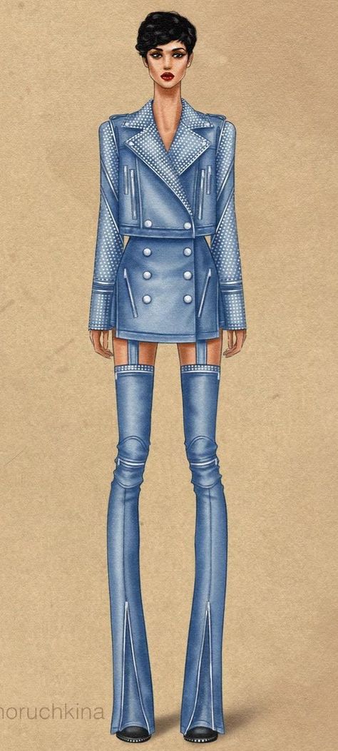 Denim Dress Illustration Sketch, Denim Jeans Illustration, How To Draw Denim, Denim Dress Illustration, Denim Drawing Fashion Illustrations, Denim Illustration Sketch, Denim Sketch, Cloth Sketch, Recycled Denim Fashion