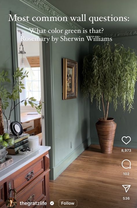 Cozy Green Paint Colors, Olive Green Built Ins, Relentless Olive Sherwin Williams, Green Paint For Living Room, Sherwin Williams Willow Tree, Green Walls White Trim, Green Wall Color, Olive Green Walls, Housing Ideas