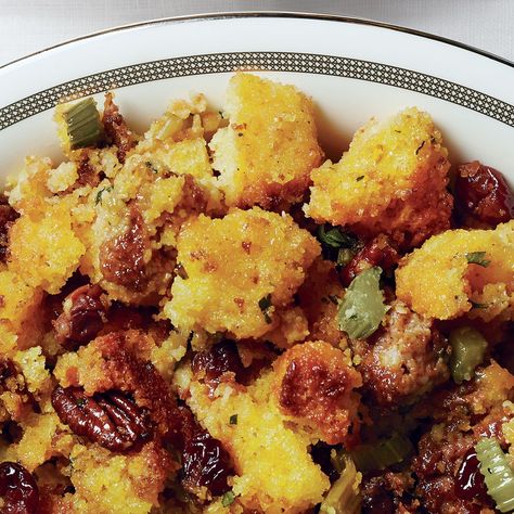 Cornbread, Chorizo, Cherry, and Pecan Stuffing Recipe | Bon Appétit Pecan Cornbread, Oyster Dressing Recipes, Sautéed Apples, Toasted Pistachios, How To Cook Chorizo, Cornbread Stuffing, Chorizo Recipes, Sage Sausage, Thanksgiving Stuffing