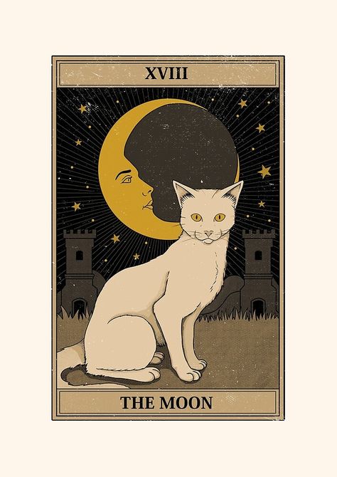 Moon Art Aesthetic, The Moon Tarot Wallpaper, The Moon Tarot Card Wallpaper, Cat On The Moon, Moon Tarot Card, The Moon Tarot Card Painting, Cat Tarot Cards, The Moon Cat Tarot, Tarot Cards Art Illustration