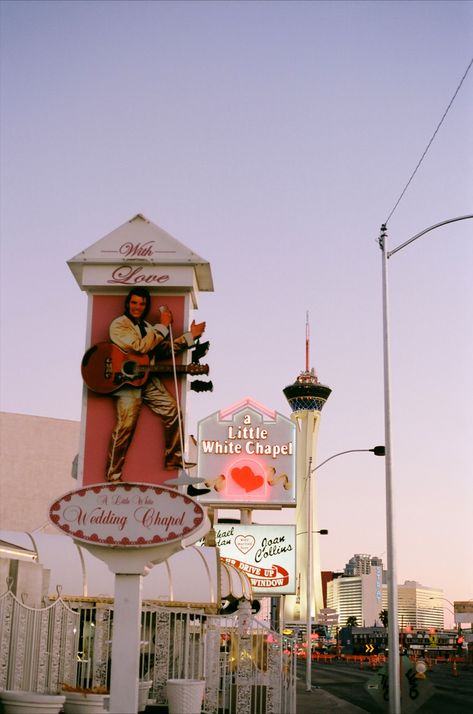 A LITTLE WHITE WEDDING CHAPEL LAS VEGAS 35mm FILM Vegas Chapel Aesthetic, Wedding Chapel Las Vegas, Vegas Photography, White Wedding Chapel, Pink Vibe, Elvis Wedding, Las Vegas Wedding Chapel, Vegas Wedding Chapel, Elvis Impersonator