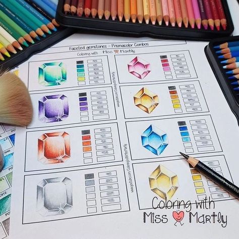 Babsy S. | #EzRepost @missmartly with @ezrepostapp How to color FACETED GEMSTONES YouTube color along video link in my bio @missmartly WORKSHEET… | Instagram Coloring Gemstones Tutorial, Coloring With Prismacolor Pencils, Prismacolor Color Combinations Chart, Prismacolor Color Combinations, Prismacolor Combos, Coloring Reference, Pencil Tutorial, Blending Colored Pencils, Copic Marker Art