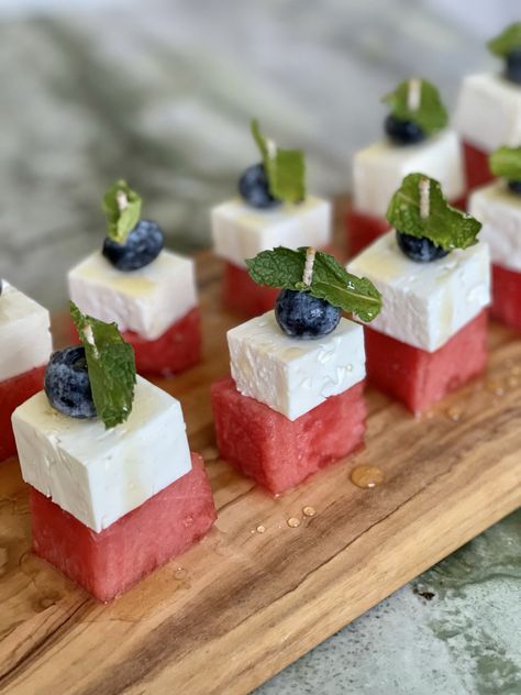 Freedom Skewers with Watermelon, Feta, Blueberry and Mint - Shayna's Kitchen Watermelon Bites Appetizers, Watermelon Feta Rolls, Watermelon Feta Bites, Watermelon Feta Mint Skewers, Watermelon Feta Skewers, White Food Ideas, Shayna's Kitchen, Watermelon Skewers, Watermelon Appetizer