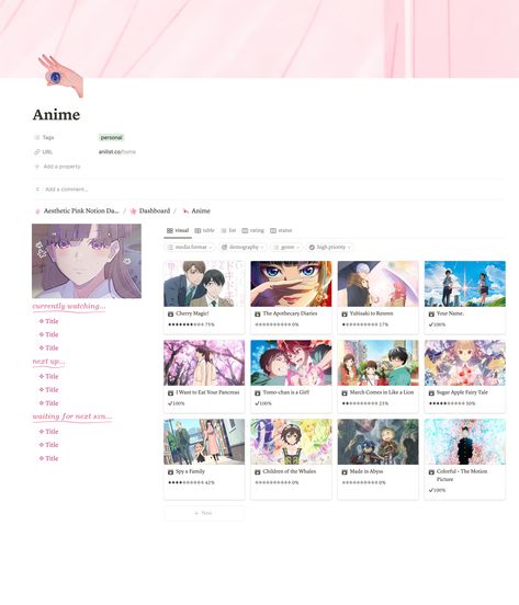 Aesthetic Pink Notion Dashboard #notion #anime #pink #cute Notion Anime List, Genshin Notion, Notion Anime, Pink Notion, Notion Tips, Notion Library, University Aesthetic, Notion Dashboard, Visual Archive