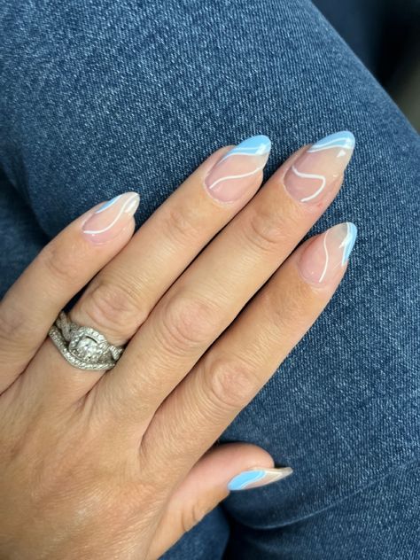 Blue Line Acrylic Nails, Blue White Almond Nails, White With Light Blue Nails, Nails To Get With A White Dress, White And Light Blue Nail Designs, Turquoise And White Nails Designs, Light Blue Accent Nails, Nails To Match With Blue Dress, White Turquoise Nails