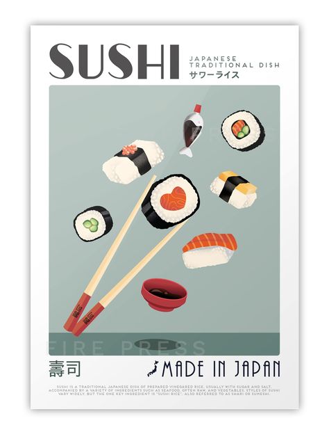 Sushi Illustration Poster - A3 (11.7x16.5) Sushi Poster, Sushi Illustration, Sushi Design, Sushi Art, Food Logo, Kitchen Posters, Illustration Poster, Vintage Poster Art, Original Wall Art