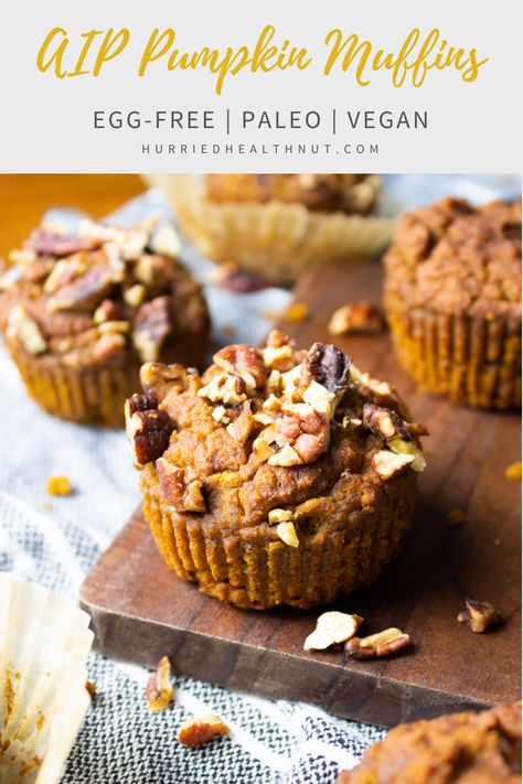 These fluffy AIP Pumpkin Muffins are a perfect paleo, vegan, and gluten-free fall treat. A simple, straightforward recipe anyone can make and anyone can eat - food intolerances or not. Enjoy them for breakfast or as a snack any time of day. #aipmuffins #aippumpkinmuffins #pumpkinmuffins #paleo #eggfree #vegan #nutfree Aip Pumpkin Bread, Aip Pumpkin Muffins, Aip Muffins, Aip Fall Recipes, Paleo Banana Bread Muffins, Aip Pumpkin, Aip Baking, Pumpkin Banana Muffins, Aip Breakfast