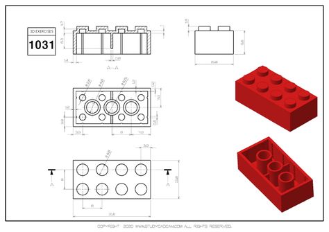 3D CAD EXERCISES 1031 - STUDYCADCAM Car Exercises, Autocad Tricks, 3d Cad Exercises, Cad Cam Design, Orthographic Drawing, Basic Sketching, 3d Geometry, Autocad Tutorial, Architecture Drawing Plan