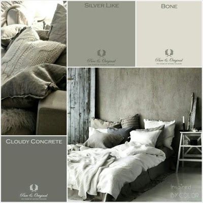 Pure & Original Paint Samples in Cloudy Concrete, Silver Like and Bone Pure And Original, Messy Bed, Living Colors, Lime Paint, Paint Color Schemes, Inspired By, Salou, Colour Schemes, Color Pallets