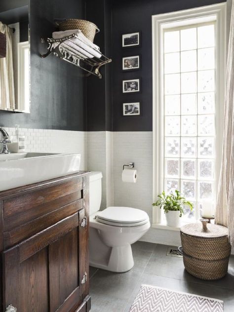 Chair Rails in Bathrooms {Bathroom Chair Rail Ideas} RenoCompare Dark Floor Bathroom, Gray Bathroom Walls, White Subway Tile Bathroom, Masculine Bathroom, Black And White Tiles Bathroom, Subway Tiles Bathroom, Dark Bathrooms, White Bathroom Tiles, Tiles Bathroom