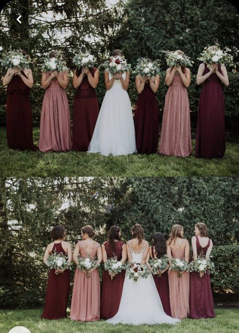 Burgundy And Dusty Rose Bridesmaid Dress, Burgundy Color Scheme Bridesmaid Dresses, Burgundy Pink And Rose Gold Wedding, Maroon And Pink Wedding Color Schemes, Blush And Burgundy Bridesmaid Dresses, Blush And Burgundy Wedding Party, Maroon And Pink Bridesmaid Dresses, Blush Pink Burgundy Wedding, Burgundy And Pink Bridesmaid Dresses