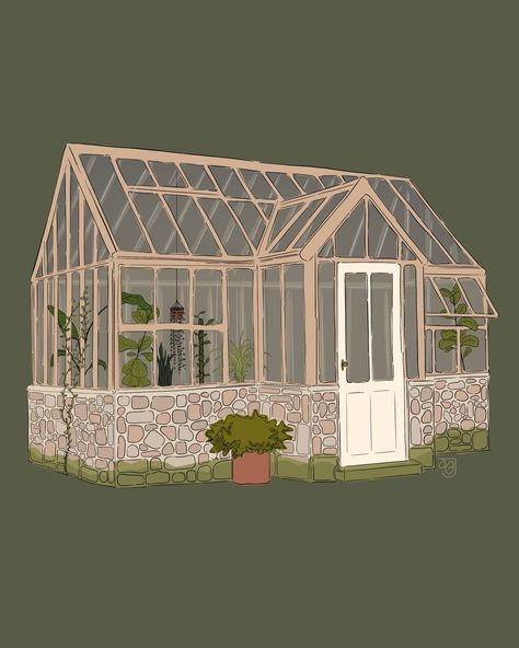 Glass House Illustration, Aesthetic Sticker Drawing, Green House Illustration, Greenhouse Drawing, Greenhouse Illustration, Greenhouse House, Greenhouse Art, Green Greenhouse, Wizard Tower