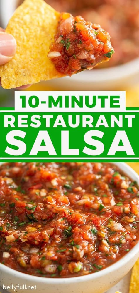 This quick and easy Restaurant Style Salsa takes just minutes to make using a mix of fresh veggies and canned goods, all in your blender. It's packed with fresh flavors and tastes like that smooth salsa from your favorite Mexican restaurant! Quick Easy Salsa Recipes, Mild Restaurant Style Salsa, Salsa Recipe Medium, Easy Restaurant Style Salsa, Homemade Salsa Restaurant Style, Easy Restaurant Style Blender Salsa, Best Restaurant Style Salsa, Salsa In Food Processor, Salsa Recipe Restaurant Style