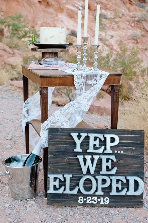 Elopement Ideas Receptions, Champagne And Cake Reception, Small Elopement Wedding Cake, Elopement Cake Table, Diy Elopement Decor, Small Cake Table, Elopement Decorations, Elopement Reception Ideas, Elopement Sign