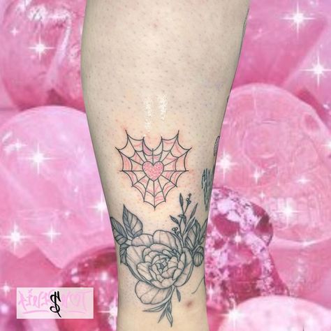 Pink Spider Web Tattoo, Pink Halloween Tattoo, Pink Spiderweb Tattoo, Cute Spiderweb Tattoo, Pink Spider Tattoo, Pink And Red Tattoo, Hermit Tattoo, Pink Spiderweb, Spiderweb Tattoo