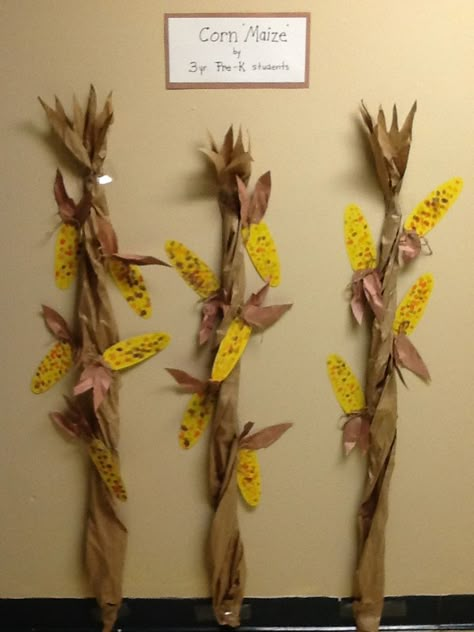 Preschool corn maize art project. Students used fingertips in ink pads for kernels. We did to have them cut out the cobs this time. Stalks is craft paper scrunched and rolled somewhat. Used black ink to rub against the edges to add a rustic touch. Paper Corn Stalks, Preschool Spring Crafts, Spring Crafts For Preschoolers, Spring Art For Kids, Preschool Harvest, Spring Crafts Preschool, Corn Maize, Preschool Spring, November Crafts