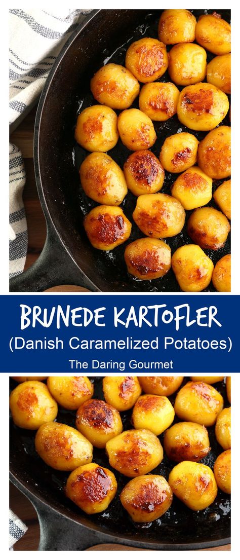 Brunede Kartofler (Danish caramelized potatoes) is a popular and traditional side dish in Denmark, enjoyed especially at Christmas. The potatoes are browned in caramelized sugar, transforming otherwise plain boiled potatoes into something truly special! Danish Potatoes Recipes, Swedish Potatoes Recipes, Traditional Danish Food, Denmark Food Recipes, Carmelized Potatoes, Scandinavian Food Recipes, Danish Recipes Denmark, Danish Christmas Food, Danish Potatoes