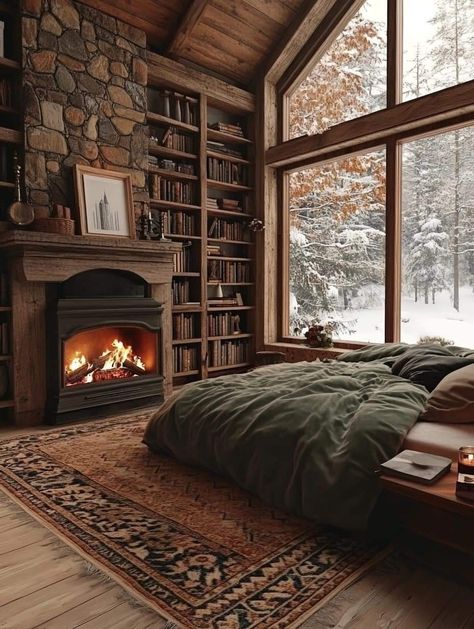 Cozy Cabin Bedrooms, Log Cabin Bedroom, Log Cabin Interior, Cabin Aesthetic, Cabin Bedroom, Bedroom Fireplace, Dream House Rooms, Cozy Room Decor, Cabins And Cottages