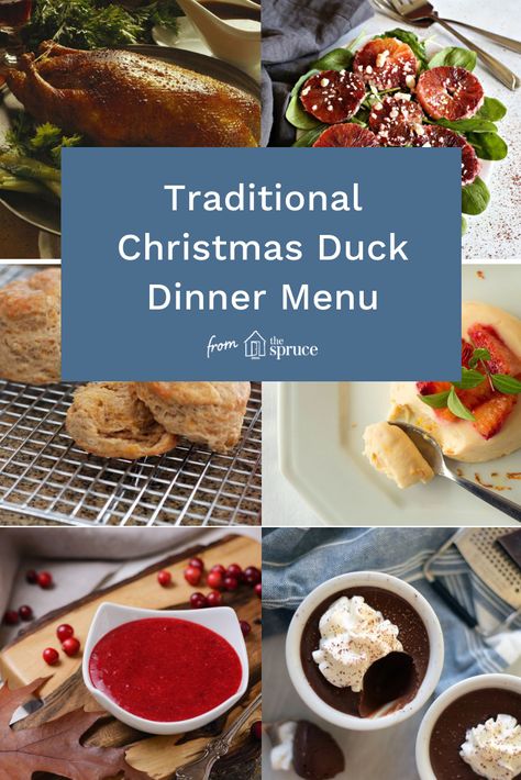 When you want to go all out and impress guests with a traditional Christmas dinner, a whole roast duck is the answer. It's important to get the bird right, of course, but you'll also need starters, side dishes, desserts, and drinks to round out the feast. Make it a holiday dinner to remember with wonderful recipes to pair with your special entree. #christmasduck #christmasduckdinner #duckdinner #duckdinnerrecipes #duckrecipes #christmasdinner #christmasrecipes #christmasrecipe #duck #christmas Side Dishes For Duck Dinner, Duck Christmas Dinner, Duck Dinner Sides, Duck Side Dishes, Sides For Duck, Delicious Dinners For Two, Christmas Goose Dinner, What To Serve With Duck, Christmas Entrees