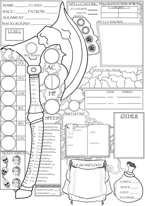 Dnd Stats Sheet, Dnd Sheets 5e, Cute Dnd Character Sheet, Hexblade Warlock Dnd, Pathfinder Character Sheet, Hexblade Warlock, 5e Character Sheet, Rpg Character Sheet, Warlock Dnd