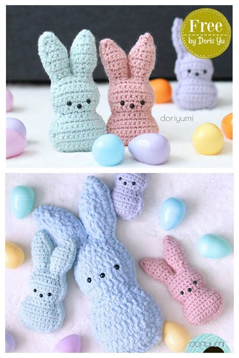 Chillin' with the Easter Bunny Peeps Free Crochet Pattern Peep Bunny Crochet Pattern Free, Bunny Peeps Crochet, Mini Peeps Crochet, Crochet Bunny Peep, Crochet Peaches And Cream Free Pattern, Easy Crochet Decorations, Peeps Crochet Pattern Free, Crochet Peeps Bunny Free Pattern, Crochet Peeps Pattern