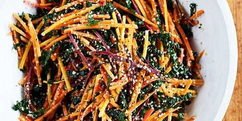 Julienned-Carrot and Kale Salad Recipe | Martha Stewart Swiss Chard Recipes, Thanksgiving Side Dishes Easy, Julienned Carrots, Side Salad Recipes, Chard Recipes, Kale Salad Recipes, Thanksgiving Recipes Side Dishes, Kale Recipes, Carrot Salad