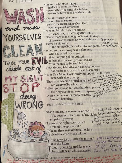 Bible journaling Isaiah 1:16 Isaiah 1 Bible Journaling, Isaiah Bible Journaling, Isaiah Bible, Bible Doodles, Isaiah 1, Inspire Bible, Prayer Journaling, Isaiah 9 6, Inspire Bible Journaling