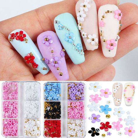 Nail Art With Gems, Pearl Nail Art, 3d Flower Nails, Nail Acrylic, Acrylic Flower, Pearl Nails, 3d Rose, Flower Nail, Gem Nails