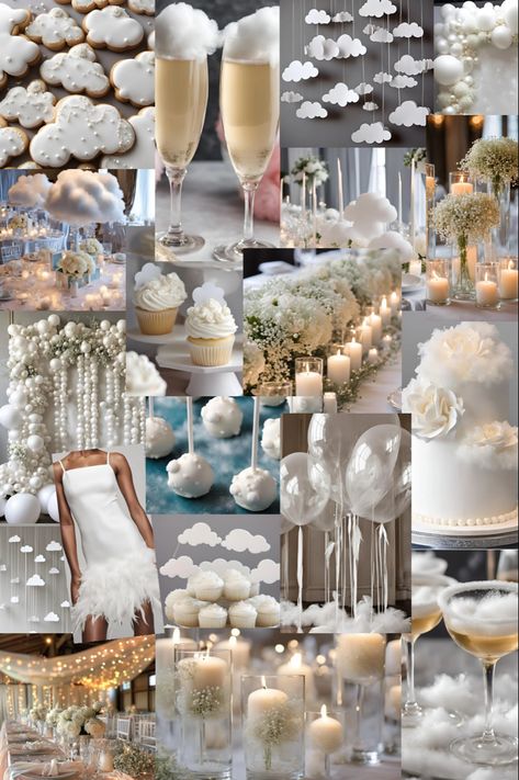 On Cloud Nine Engagement Party or Bridal Shower Theme Bridal Shower All White Theme, Cloud Themed Bridal Party, Pink Cloud Party Decorations, Cloud Theme Engagement Party, Dream Big Theme Party Ideas, Heavenly Party Theme, On Cloud Nine Wedding Theme, Cloud Engagement Party, Bridal Shower Cloud Theme