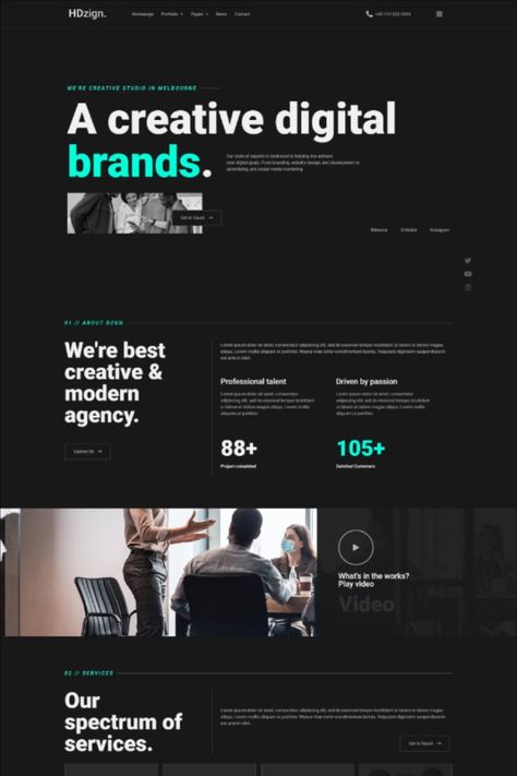 HDzign is an Elementor Template Kit designed for Digital Agency business websites! This kit has a modern and unique design with a 100% fully responsive layout, easy installation, and sure very easy to customize because using Elementor so you don’t need a single line of coding! Advertising Agency Website Design, Grey Website Design, Black Website Design, Single Page Website Design, Dark Website Design, Digital Agency Website Design, Bold Website Design, Modern Ui Design, Dark Websites