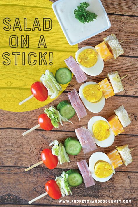 If your ideas for salad need a make-over, why not try our salad on a stick re-do? This salad on a stick is a fun way to get the kids to eat their vegetables for an after-school snack or pack this chef salad on a stick in their lunches. Eating veggies on a skewer isn't only fun, it makes them easy to dip in your favorite salad dressing. Not to mention this chef salad on a stick is a great party or brunch idea! Why not check out our recipe? pocketchangegourmet.com #saladonastick #chefsalad Vegetable Sticks Party, Orange Fruit Salad, Salad On A Stick, Eating Veggies, Salad Fingers, Vegetable Sticks, Healthy Plates, Chef Salad, Healthy Eating Snacks