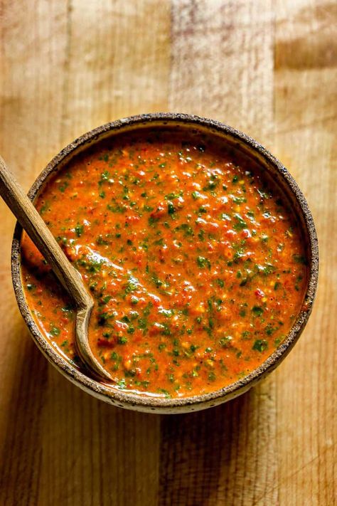 Oven Roasted Cherry Tomato Sauce, Greek Red Sauce, Red Sauce Recipes, Red Chimichurri Sauce, Red Chimichurri, Argentinian Chimichurri, Green Herbs, Chimichurri Recipe, Red Wine Sauce