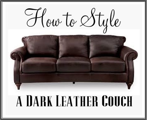 How to Style a Dark Leather Couch How To Decorate Black Leather Couch, Ottoman For Leather Couch, Dark Brown Leather Sofa Decor Ideas, How To Decorate Around A Dark Brown Leather Couch, How To Decorate Leather Couches, Decorate Black Leather Couch, Living Rooms With Dark Leather Couches, Leather Living Room Ideas, Dark Brown Lounge Styling