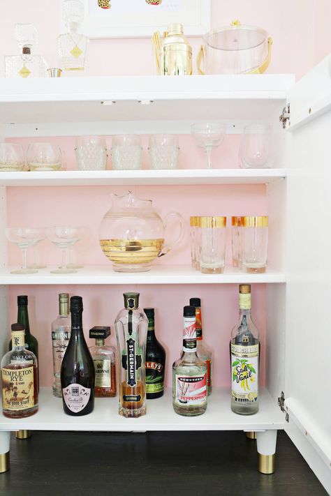 Ikea IVAR Cabinet Hack (Turned Into A Bar Cabinet!) – A Beautiful Mess Ivar Cabinet Hack, Diy Bar Cabinet, Drinks Cabinets, Ivar Cabinet, Cabinet Hack, Ikea Ivar Cabinet, Armoire Ikea, Apartment Bar, Ikea Bar