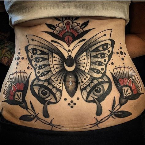 Tattoos Under Belly Button, Sternum To Belly Button Tattoo, Women’s Belly Tattoo, Belly Bottom Tattoo, Animal Stomach Tattoos, Traditional Symmetrical Tattoo, Traditional Lower Stomach Tattoo, Nature Stomach Tattoos, American Trad Stomach Tattoo