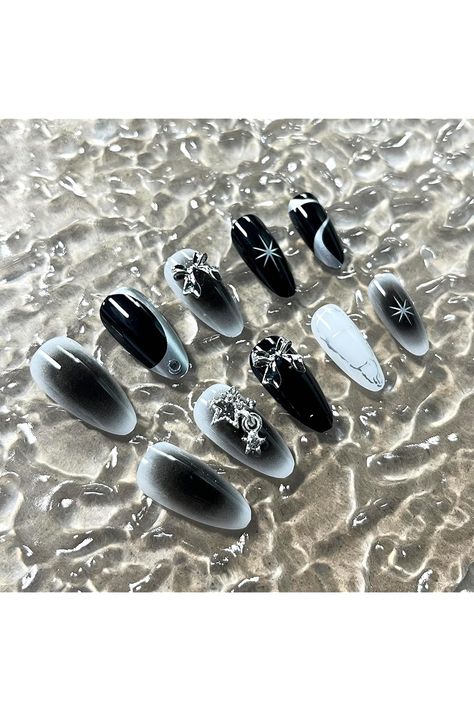 MERVF Almond Press on Nails Medium Fake Nails Press ons Black Gothic Glue on Nails 3D Star Bow Stiletto Acrylic Nails with Gradient Design 24pcs Glossy Stiletto Acrylic Nails, Nails Press Ons, Almond Press On Nails, Nails Minimalist, Press On Nails Medium, Nails Press, Nails 3d, 3d Star, Nails Medium