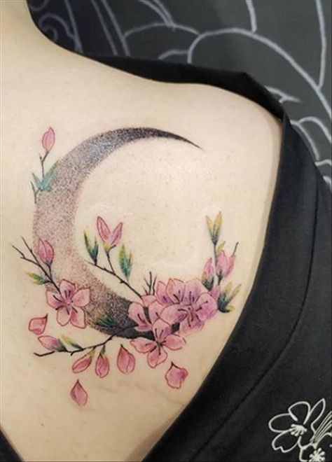 Cherry Blossom Moon Tattoo, Year Tattoo, Half Moon Tattoo, Luna Tattoo, Shoulder Cap Tattoo, Violet Tattoo, Mum Tattoo, Tiny Finger Tattoos, Remembrance Tattoos