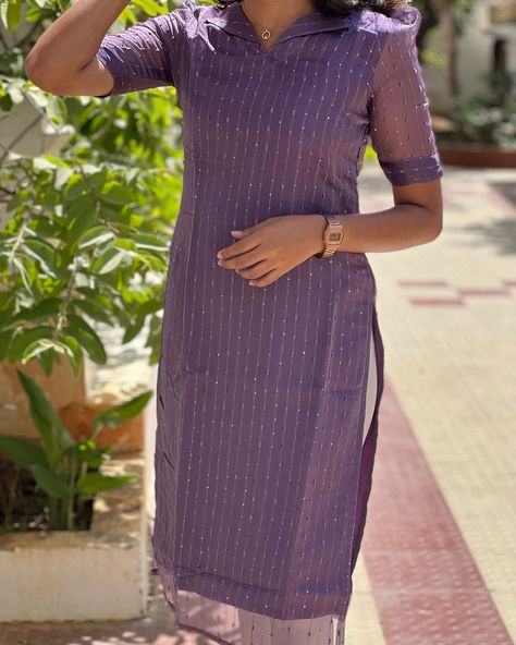 Kurti With Collar Neck, Organza Kurti Designs Indian, Kurti With Collar, Collar Neck Designs For Kurti, Sequence Kurti, A Line Kurti Designs, Kurti Styling, Collar Kurti Design, Organza Kurti