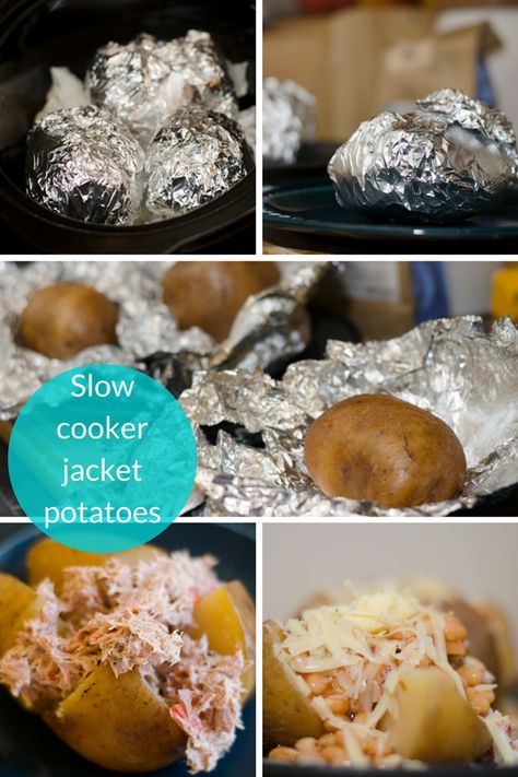 Slow cooker jacket potatoes Jacket Potato Recipe, Jacket Potatoes, Recipes Potatoes, Jacket Potato, Potato Recipe, During The Day, Potato Recipes, Slow Cooker Recipes, Crock Pot