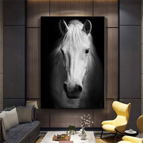 Large Wall Decor Living Room, Black And White Horse, Horse Wall Art Canvases, Painted Horses, Horses Wall Decor, Horse Canvas, Fiber Wall Art, Animal Canvas Art, Art Horse