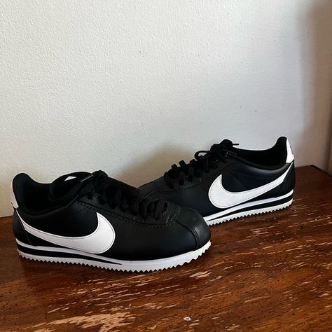 Woman’s Nike Cortez Black and White shoes. Nike Cortez Black And White, Black Cortez, White Cortez, Nike Cortez Black, Black And White Shoes, Nike Cortez, White Shoes, Nike Shoes, Black And White