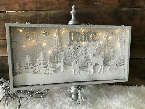 Tim Holtz white Christmas 2017 Sizzix Christmas Shadow Box Cards, Shadow Box Art Christmas, 3d Shadow Box Cricut Christmas, Cricut Lighted Shadow Box Ideas Christmas, Chrstmas Shadow Boxes, Shabby Chic Christmas Decorations, Christmas Shadow Boxes, A White Christmas, Shabby Chic Christmas