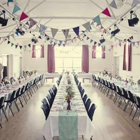 Casual Wedding Reception, Church Fellowship, Hall Decorations, Village Hall Wedding, Village Fete, Fairy Lights Wedding, Wedding Diary, Community Halls, Hall Decor